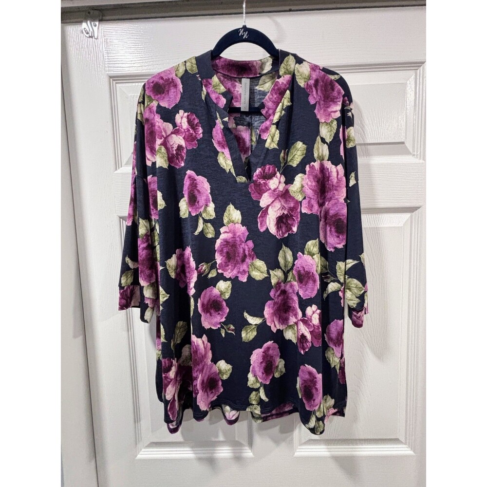 Honeyme Curvy 3/4 Sleeve Floral Tunic V Neck Blouse, Size XL, Purple